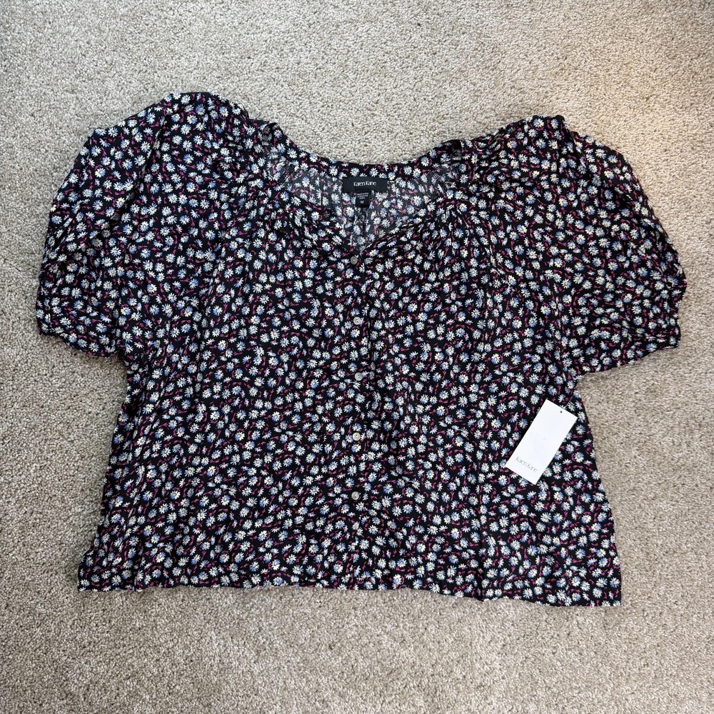 Karen Kane Blouse Womens Medium Black Daisy Floral Short Puff Sleeve Peasant Top